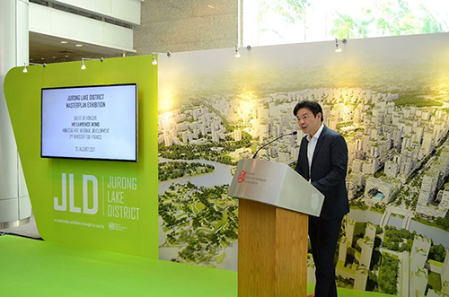 Minister Lawrence Wong speaking at the exhibition launch showcasing the masterplan proposals for JLD.