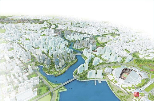Aerial view of possible enhancements along the Kallang River