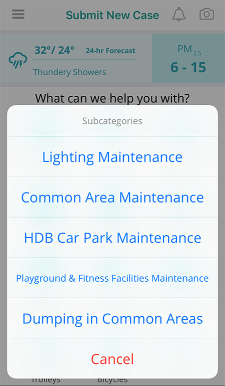 The subcategories listed under “Facilities in HDB Estates” category, to give feedback on maintenance issues in HDB estates.