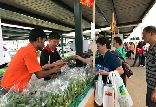 Enthusiastic shoppers buying vegetables from local vegetable farmers at the SG Farmers’ Market