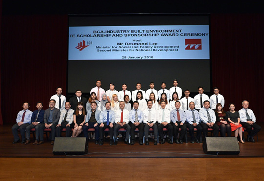 Guest-of-Honour Mr Desmond Lee, Minister for Social and Family Development and Second Minister for National Development, with recipients of the BCA-Industry Built Environment ITE scholarships and sponsorships at the Awards ceremony on 29 January