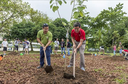 Minister Chan and Minister Lee joining in community tree planting at the Ubin Living Lab.