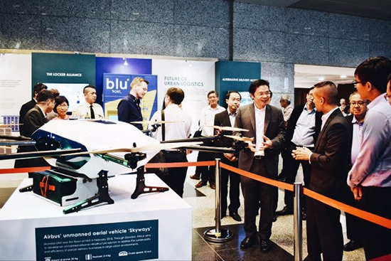 Airbus exhibits a drone which it intends to use for a pilot delivery service within the National University of Singapore.