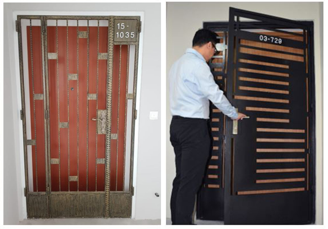 Existing timber veneered doors and wrought iron gates (left) will be replaced by laminated timber doors and steel entrance gates for a more contemporary look (right)