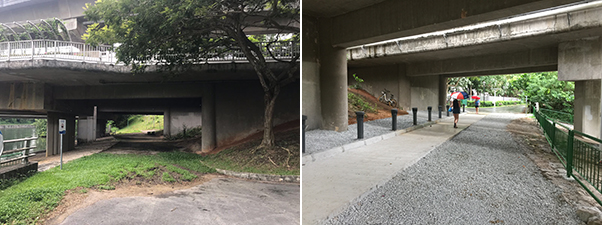 Pictures showing the before and after of the constructed footpath under Sengkang West vehicular bridge