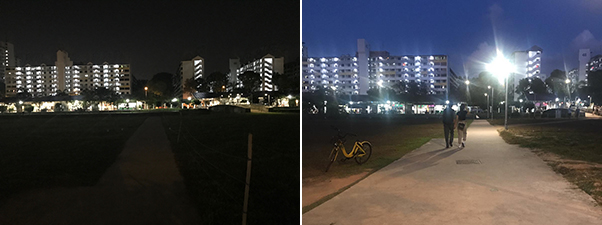 Pictures showing the before and after of the constructed lights at existing footpath opposite Mattar MRT Station leading to Circuit Road Food Centre