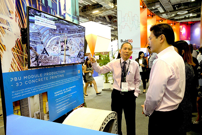 Minister Lawrence Wong visiting the BuildSG Pavilion, one of the many exhibition booths at the tradeshows